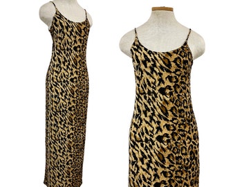 Vtg Vintage 1990s 90s Slinky Leopard Animal Print Bodycon Spaghetti Strap Dress