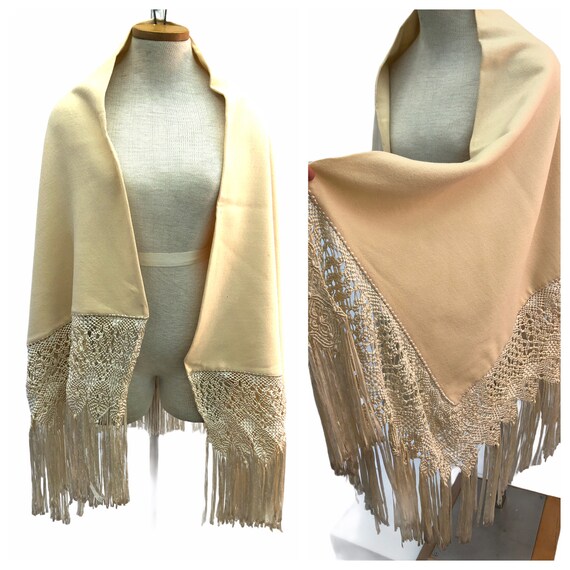 Vintage VTG Edwardian 1910 Beige Wool Fringe Ribbo
