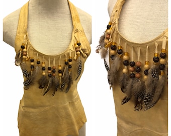 Vintage VTG 1970s 1980s Tan Leather Beaded Feathered Halter Top