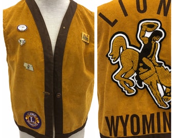 Vintage VTG 1970s 70s Brown Corduroy Wyoming State Pinned Vest