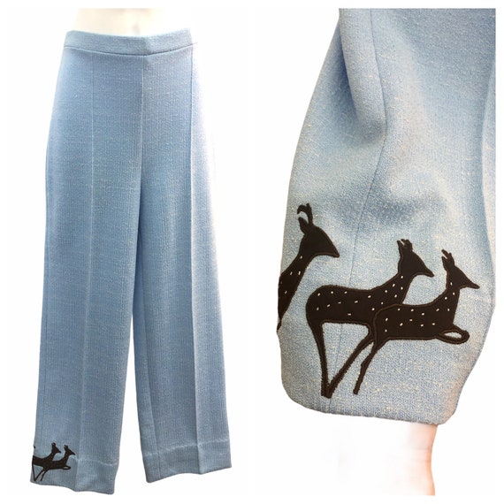Vintage VTG 1970s 70s Blue Knit Trousers Pants wit