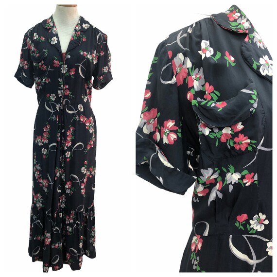 Vintage VTG 1940s 40s Navy Blue Floral Patterned M