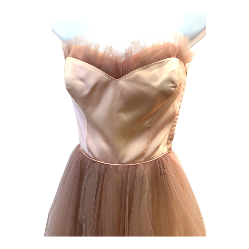 Vintage VTG 1950s 50s Pink Satin Tulle Cupcake Floral Shelf Bust Dress image 3