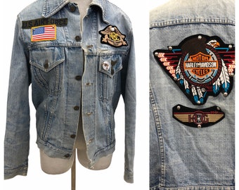 Vintage VTG 1970s 70s Harley Davidson Denim Patched Long Sleeve Jacket