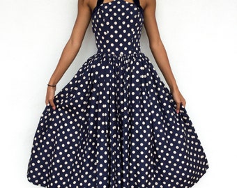 Absolutely Incredible 1950's Neusteters Denver Designer Silk Blue and White Polka Dot Fit and Flare Dress