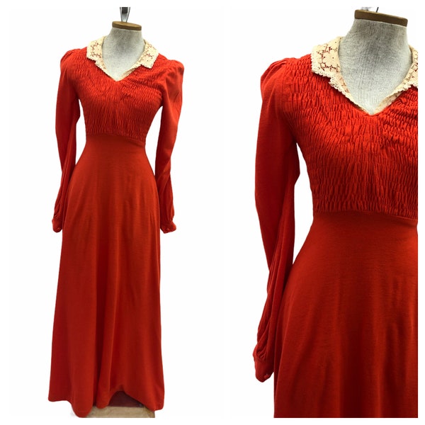 Vintage 1970s 70s Jody of California Red Ruched Long Sleeve Maxi Dress