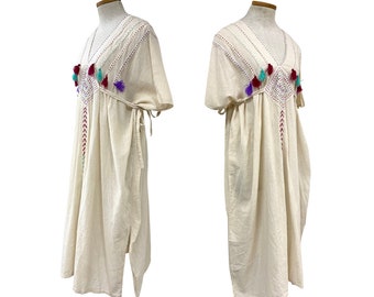 Vtg 70s Pom Pom Embroidered Festival Indian Cotton Woodstock Era Boho Dress