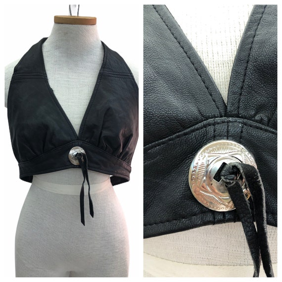 Vintage VTG 1970s 70s Black Leather Halter Biker C