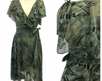 Vintage VTG 1980s 80s Green Metallic Patterned Wrap Dress