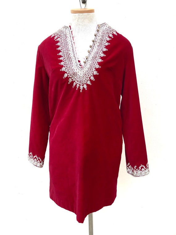 Vintage VTG 1960s 60s Red Velvet Embroidered Long… - image 2