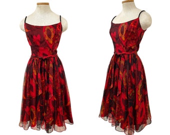 Vtg 60s 1960s Classic Mr. Mort Red Chiffon Paisley Print Fit Flare Party Dress
