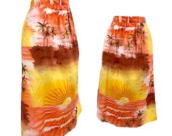 Vtg Vintage 1960s 60s A-Line Warm Tropical Sunset Hawaiian Midi Skirt