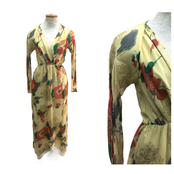 Vintage VTG 1970s 70s Gold Lame Floral Disco Wrap… - image 1