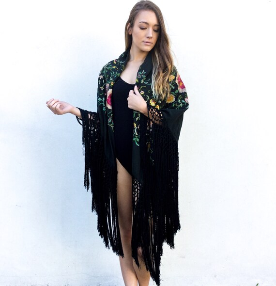 Beautiful 1930's Floral Embroidered Black Fringe P