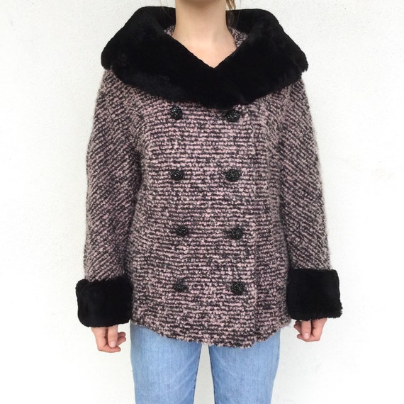 Designer Lilli Ann pink woven jacket with Mouton c