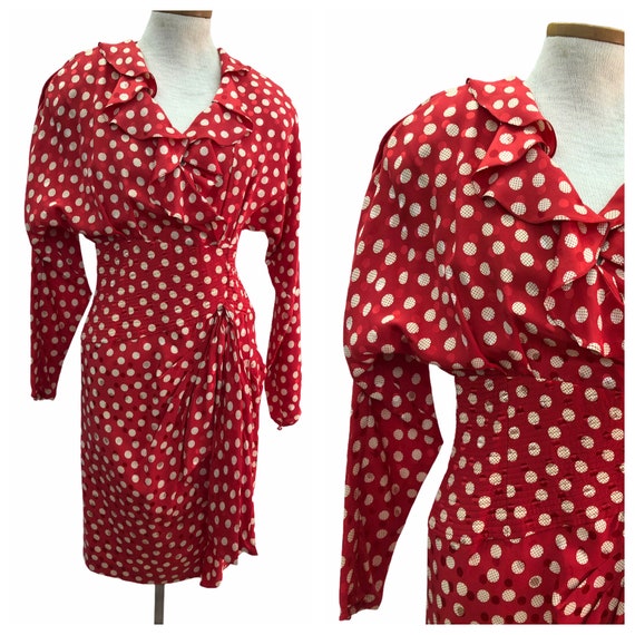Vintage VTG 1980s 80s Red Silk Polka Dot Long Slee