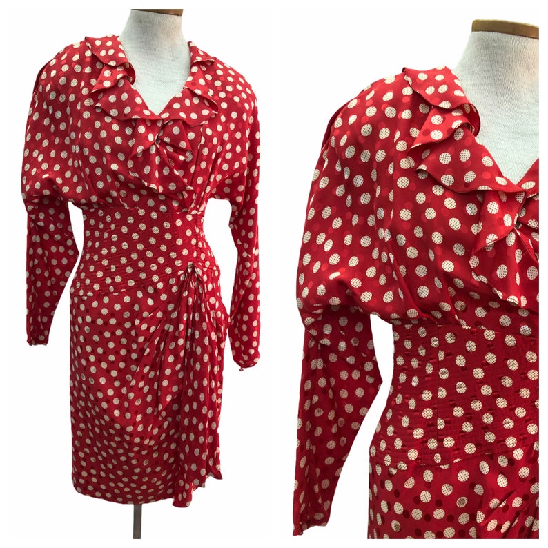 Vintage VTG 1980s 80s Red Silk Polka Dot Long Sleeve Cinched Party Dress