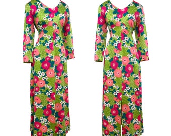 Vtg Vintage 1960s 60s Dayglo Fluorescent Bright Floral Pink Green Maxi Dress
