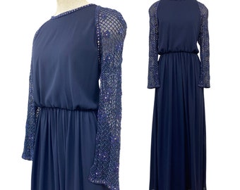 Vtg 60s 1960s Victoria Royal Designer Mother Of The Bride Beaded Navy Gown