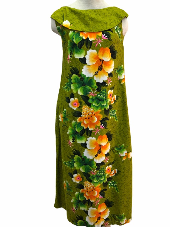 Vintage VTG 1960s 1970s Green Floral Tiki Sleevel… - image 2