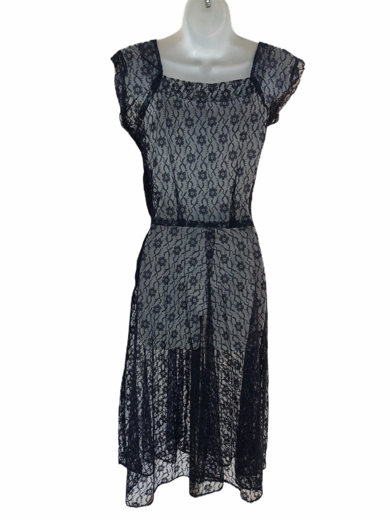 Vintage VTG 1930s 1940s Navy Lace Sheer Short Sleeve Dress image 2