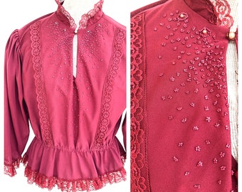 Vintage VTG 1970s 70s Burgundy Red Romantic High Neck Lace Beaded Blouse