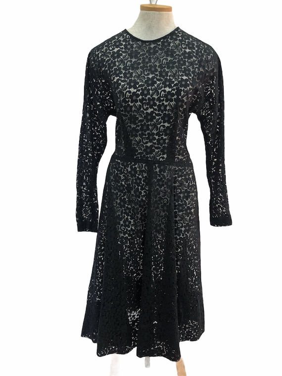 Vtg Vintage Black Lace 1950's Dolman Sleeved midi… - image 2