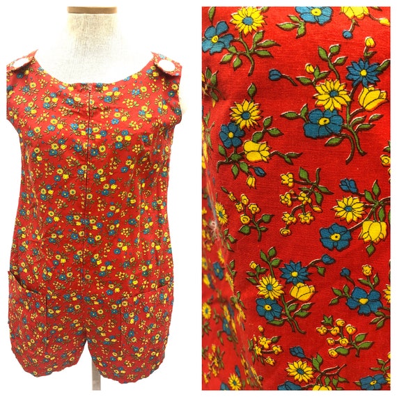 Vintage VTG 60s 1960s Red Floral Romper Jumper Pla