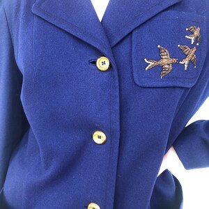 Vintage VTG 1940s 40s Navy Blue Bird Embroidered Blazer Jacket image 6