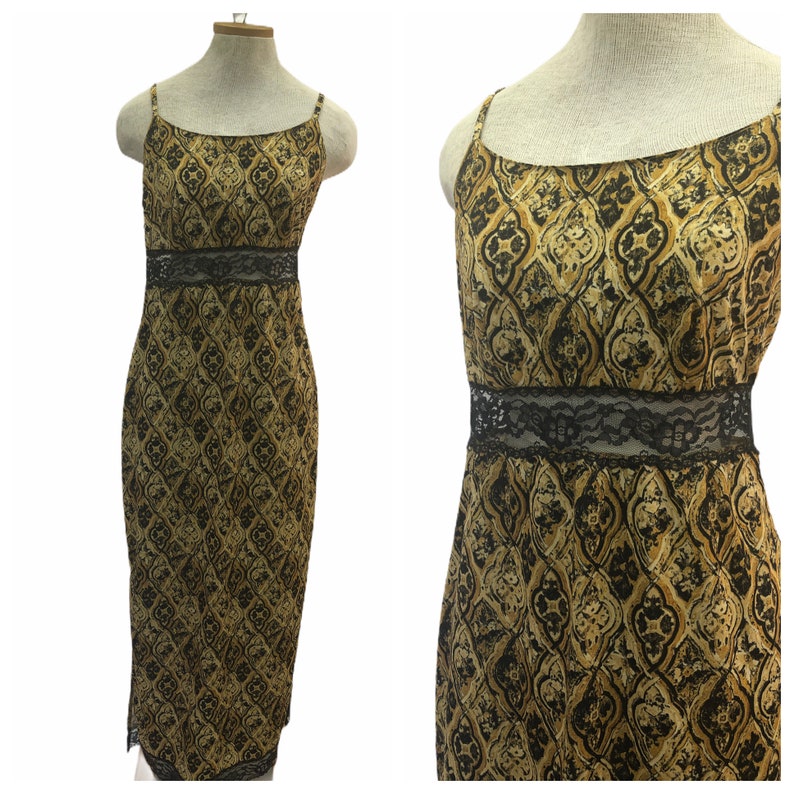 Vintage VTG 1970s 70s Gold Black Lace Maxi Slip Dress