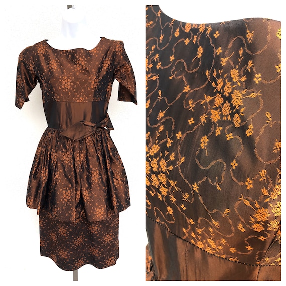 Vintage VTG 1950s 50s Brown Taffeta Peplum Party … - image 1