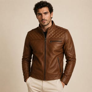May include: A brown leather jacket featuring a quilted diamond pattern on the upper chest and shoulders, a stand-up collar, a central zipper closure, and two zippered pockets on the chest and waist, paired with light-colored trousers.