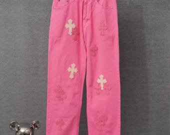 Pantalones vaqueros de mezclilla rosa con parche cruzado, estilo gótico, ropa urbana, pantalones vaqueros de moda.