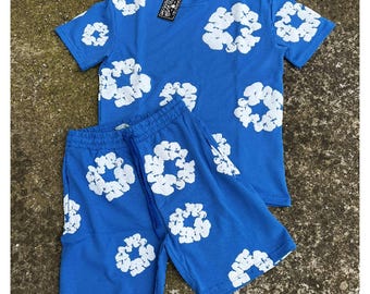 Men’s Denim Matching Set | Cloud Print T-Shirt & Shorts | Summer Outfit Men | Casual Streetwear Set
