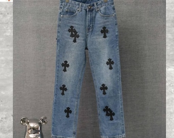 Unisex streetwear jeans blauwe denim kruis patch broek in gotische stijl