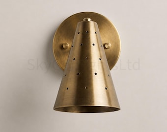 1990s Mid Century Modern Brass Cone Wall Sconce, Perforated Wall Light, Italian Wall Lamp, Vintage Vanity Minimalist Luxury Lighting Fixture