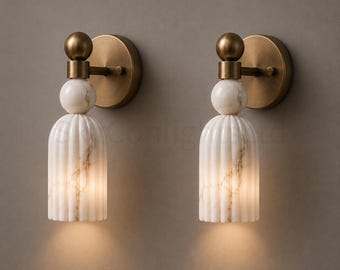 Brass Wall Sconce, Italian Marble Alabaster Wall Light, Mid Century Modern Vintage Brass Lighting Fixture, Luxury Bathroom Vanity Wall Lamp