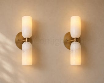Mid Century Modern Alabaster Double Wall Sconce, Brass Cylinder Wall Light, Italian Modern Bathroom Vanity Lighting, Luxury Bedroom Sconce
