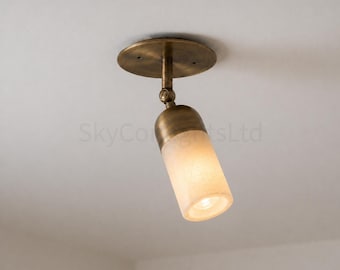 Mid Century Modern Brass Spotlight Ceiling Light, Adjustable Alabaster Flush Mount Vintage Brass Directional Ceiling Lamp,  Lighting Fixture