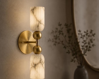 Modern Brass Wall Sconce, Double Alabaster Minimalist Wall Lamp, Brass Vanity Light, Vintage Wall Light, Italian Marble Lighting Fixture