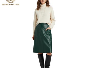 Women's Real Leather A-Line Midi Skirt, Handmade Large Pocket Back Slit Knee Length Skirt, Elegant Casual Workwear, Custom Size All Colors