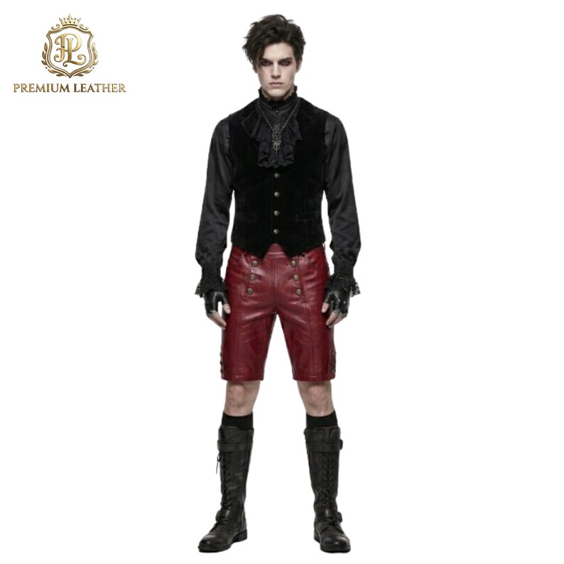 May include: A black long-sleeved shirt with a ruffled collar, a black vest with buttons, and dark red leather shorts featuring double rows of buttons. The outfit includes black fingerless gloves and tall black boots with side lacing details.
