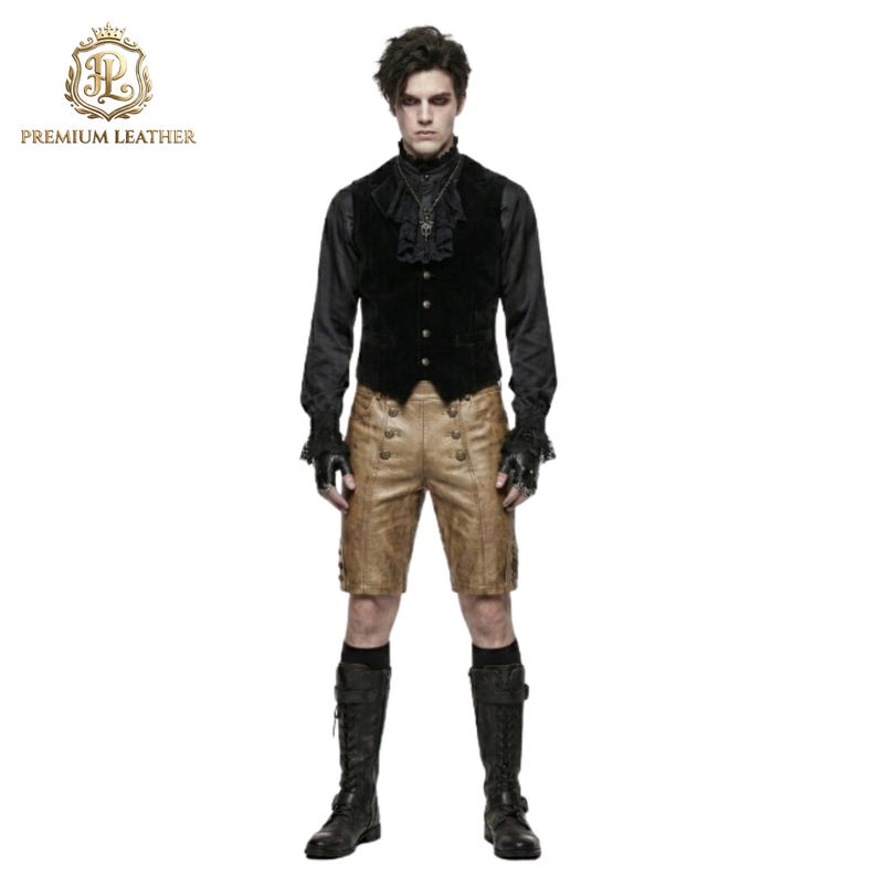 May include: A black long-sleeved shirt with a ruffled collar, a black button-up vest, tan leather shorts with double rows of buttons, and black knee-high boots. The outfit includes black fingerless gloves and a dark pendant necklace.