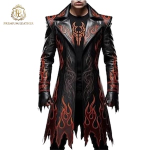 Fire Demon Leather Costume Premium Lambskin Coat, Demon Lord Cosplay Suit Men Halloween Trench Jacket, Handmade Hell Flame Luxury Outfit