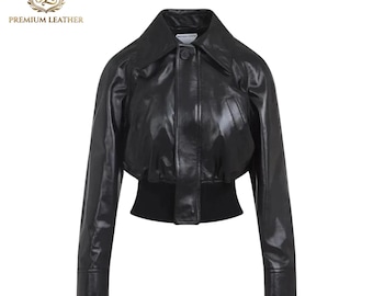Bottega Veneta Cropped Lambskin Leather Bomber Jacket in Black, High-Shine Glossy Finish Designer Coat with Wide Ribbed Knit Waist