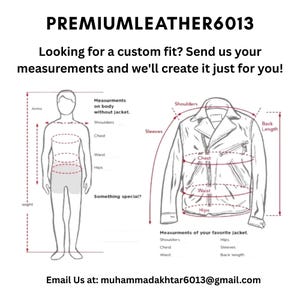 May include: A sizing guide graphic featuring a human silhouette and a jacket outline with dashed red lines indicating measurement points for shoulders, chest, waist, hips, arms, and back length. Text includes PREMIUMLEATHER6013 and contact email.