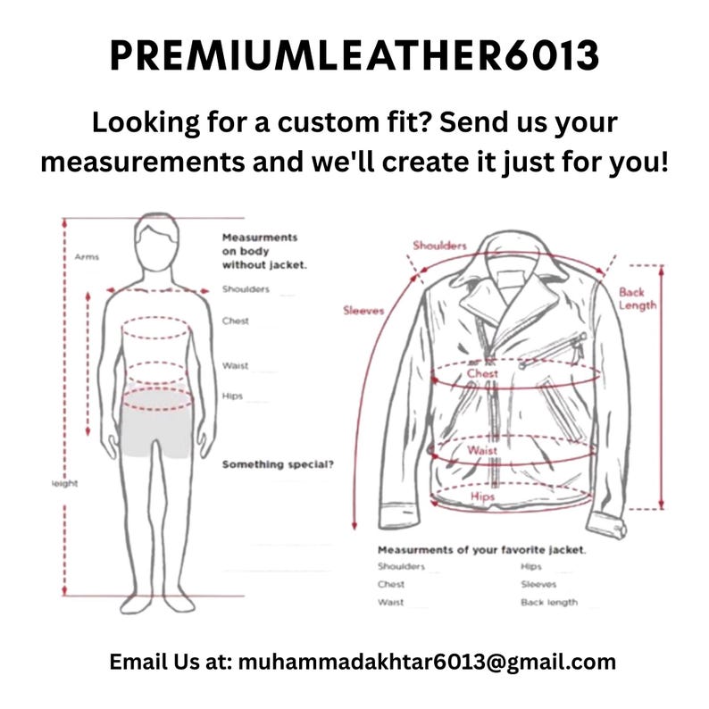 May include: A sizing guide graphic featuring a human silhouette and a jacket outline with dashed red lines indicating measurement points for shoulders, chest, waist, hips, arms, and back length. Text includes PREMIUMLEATHER6013 and contact email.