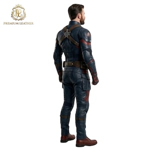 May include: A full-body leather costume featuring a dark blue jacket with red accents, a brown utility belt, and matching dark blue trousers. The jacket displays an Avengers logo on the shoulder and a metallic harness piece on the back. Brown boots.
