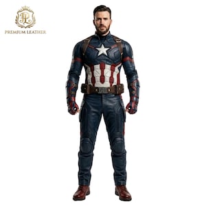 May include: A leather Captain America costume featuring a dark blue jacket with a white star on the chest, red and white vertical stripes, brown utility belt, matching blue trousers with knee padding, and brown leather boots, worn by a man.