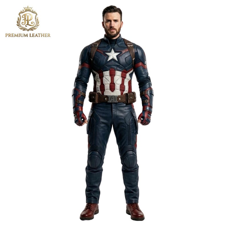 May include: A leather Captain America costume featuring a dark blue jacket with a white star on the chest, red and white vertical stripes, brown utility belt, matching blue trousers with knee padding, and brown leather boots, worn by a man.